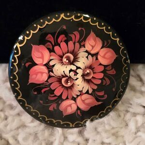Vintage Russian Hand Painted Lacquered Brooch Pin Floral